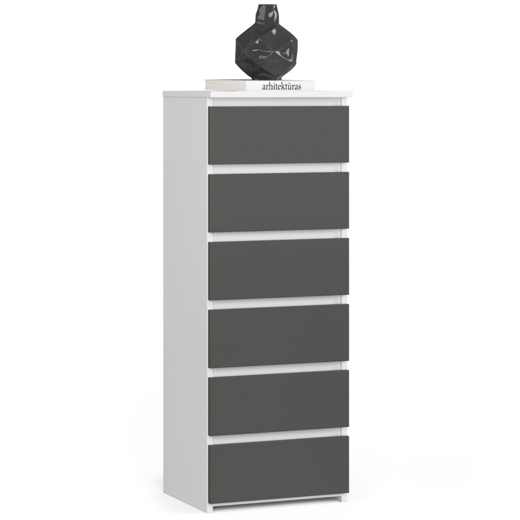 6 fiókos komód, 16 mm laminált forgácslap, 40x35x109 cm, fehér és szürke