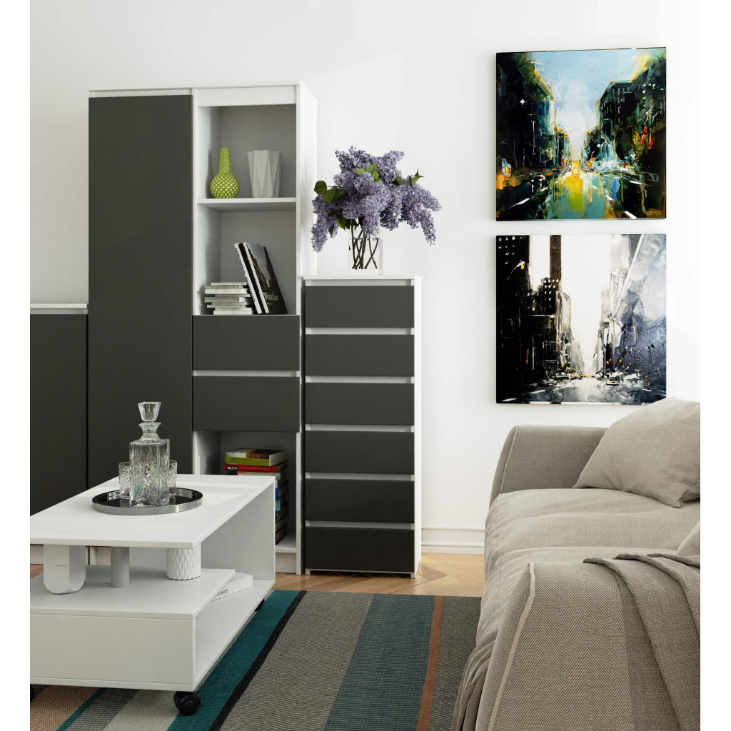 6 fiókos komód, 16 mm laminált forgácslap, 40x35x109 cm, fehér és szürke - Image 3
