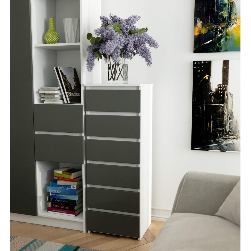 6 fiókos komód, 16 mm laminált forgácslap, 40x35x109 cm, fehér és szürke - Image 4