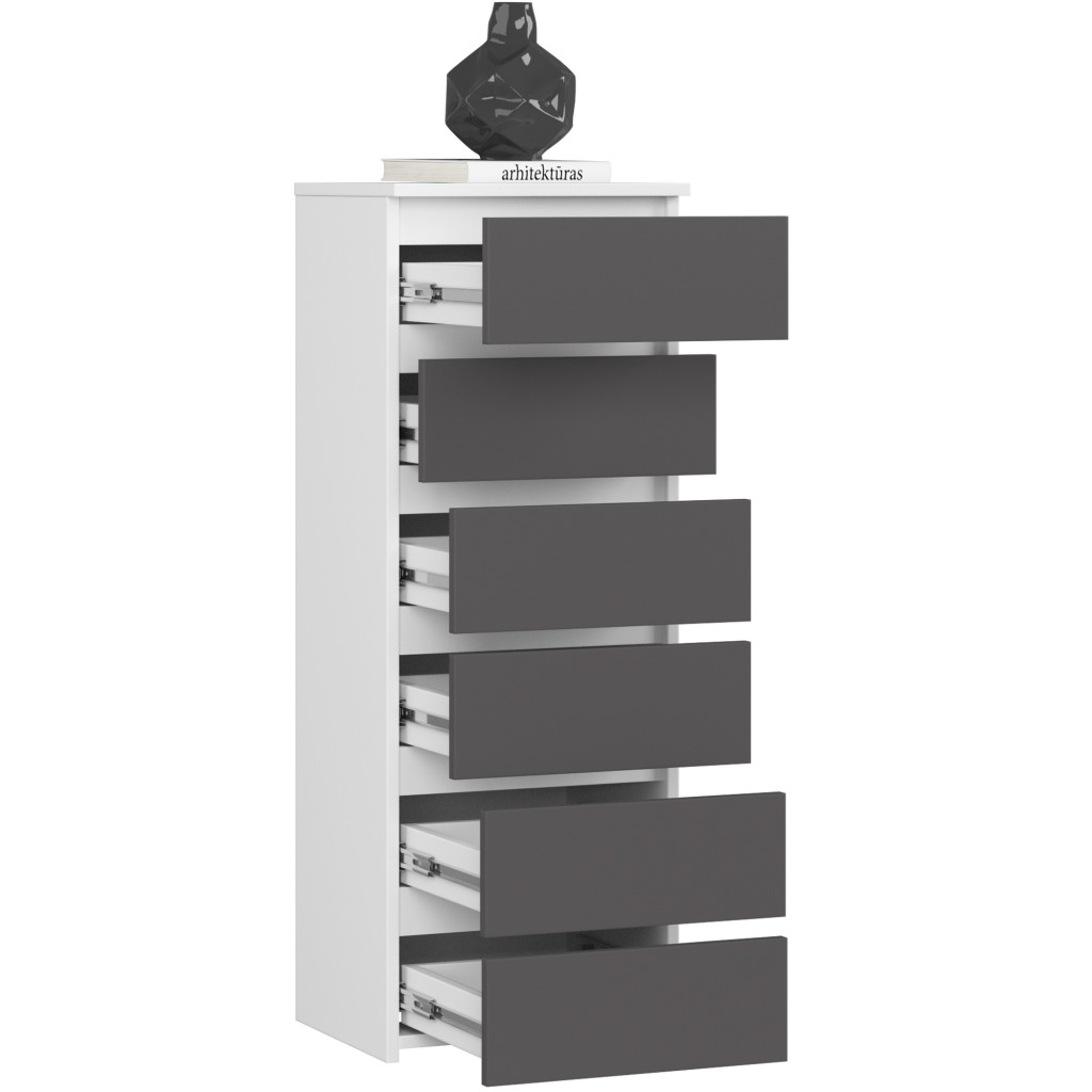 6 fiókos komód, 16 mm laminált forgácslap, 40x35x109 cm, fehér és szürke - Image 5