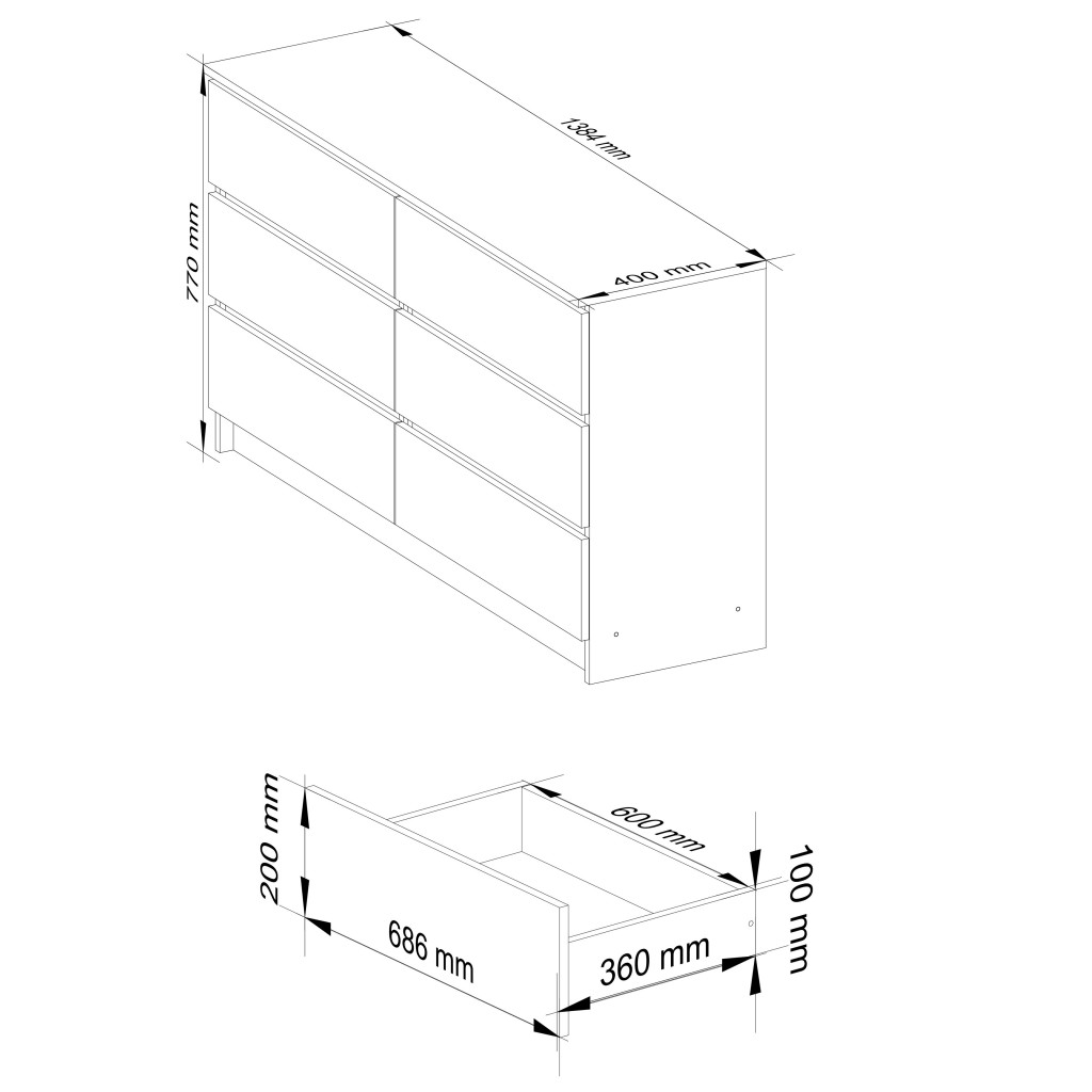 Komód 6 fiókkal, laminált forgácslap, 138x40x77 cm, matt fehér - Image 2
