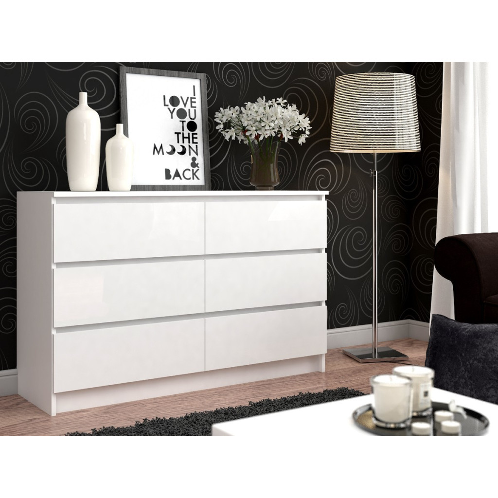 Komód 6 fiókkal, laminált forgácslap, 138x40x77 cm, matt fehér - Image 4