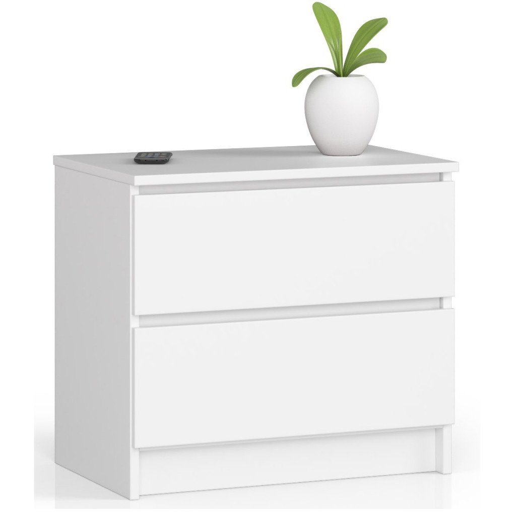 Éjjeliszekrény 2 fiókkal, 16 mm-es laminált forgácslapból, 60 × 40 × 55 cm, fehér