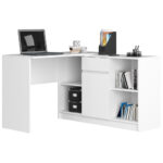 Sarok íróasztal fiókkal, ajtóval és 6 polccal, 16 mm laminált forgácslap, 120x126x79 cm, fehér