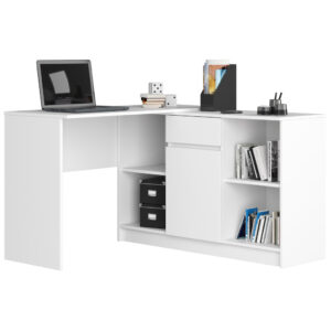 Sarok íróasztal fiókkal, ajtóval és 6 polccal, 16 mm laminált forgácslap, 120x126x79 cm, fehér