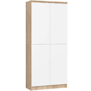 Szekrény 8 polccal, 16 mm laminált forgácslap, 80x35x180 cm, sonoma tölgy és fehér