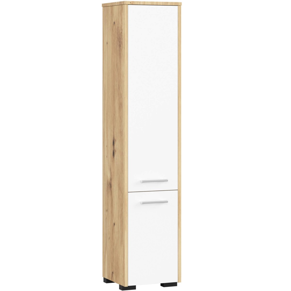 Oszlopos fürdőszobaszekrény 2 ajtóval és 5 polccal, laminált faforgácslap, 30x30x140 cm, kézműves tölgy és fehér