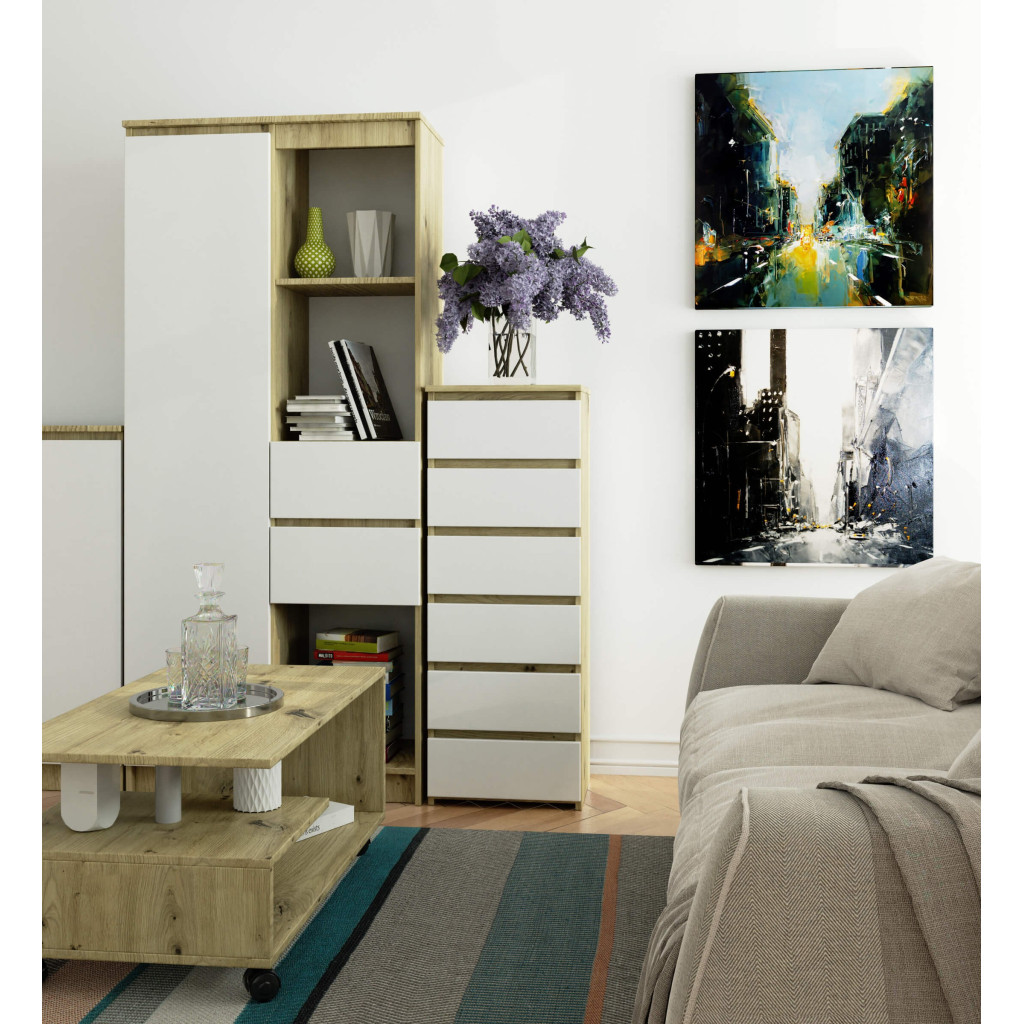 6 fiókos komód, 16 mm laminált forgácslap, 40x35x109 cm, artisan tölgy és fehér - Image 4