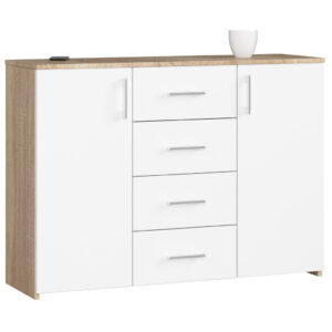 Komód 4 fiókkal és 2 ajtóval, laminált forgácslap, 110x35x80 cm, sonoma tölgy és fehér