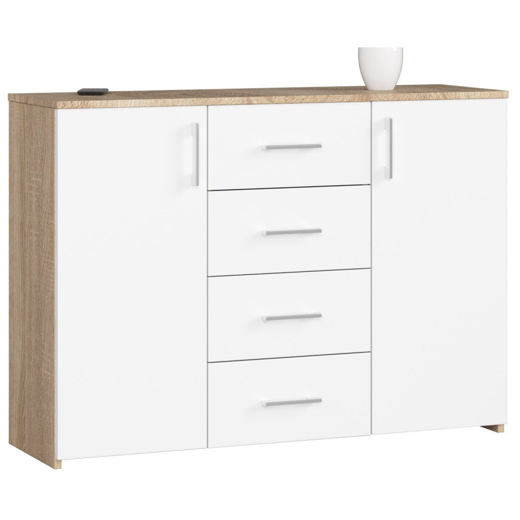 Komód 4 fiókkal és 2 ajtóval, laminált forgácslap, 110x35x80 cm, sonoma tölgy és fehér