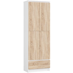 Zárt szekrény 2 ajtóval és fiókkal, 4 polccal, 16 mm laminált forgácslap, 60x35x180 cm, fehér és sonoma tölgy