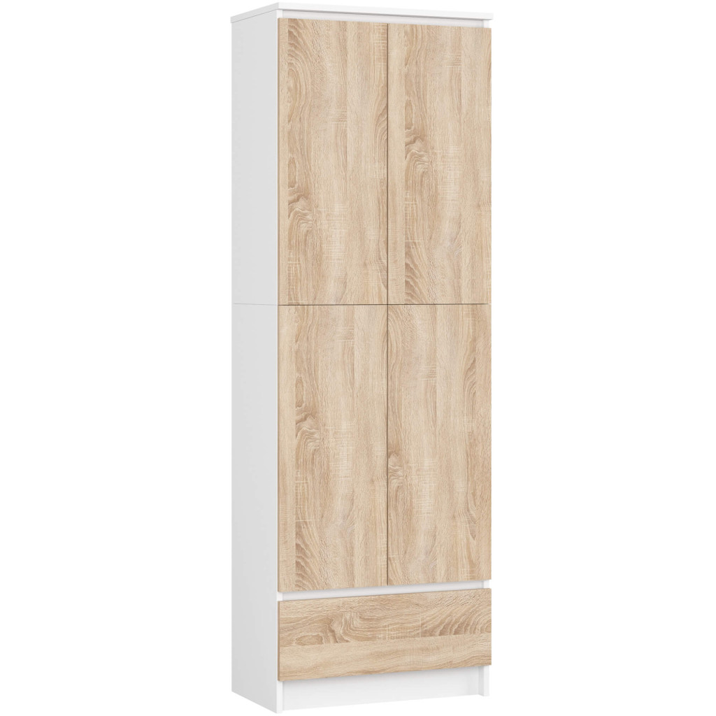Zárt szekrény 2 ajtóval és fiókkal, 4 polccal, 16 mm laminált forgácslap, 60x35x180 cm, fehér és sonoma tölgy