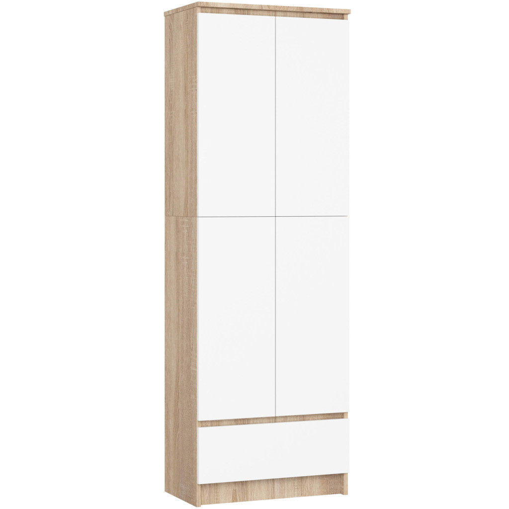Zárt szekrény 2 ajtóval és fiókkal, 4 polccal, 16 mm laminált forgácslap, 60x35x180 cm, sonoma tölgy és fehér