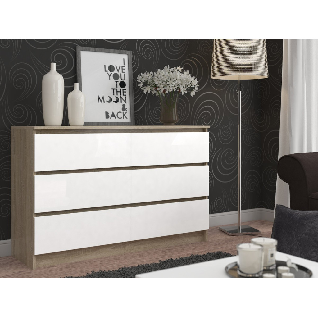 Komód 6 fiókkal, laminált forgácslap, 120x40x77 cm, sonoma tölgy és matt fehér - Image 4