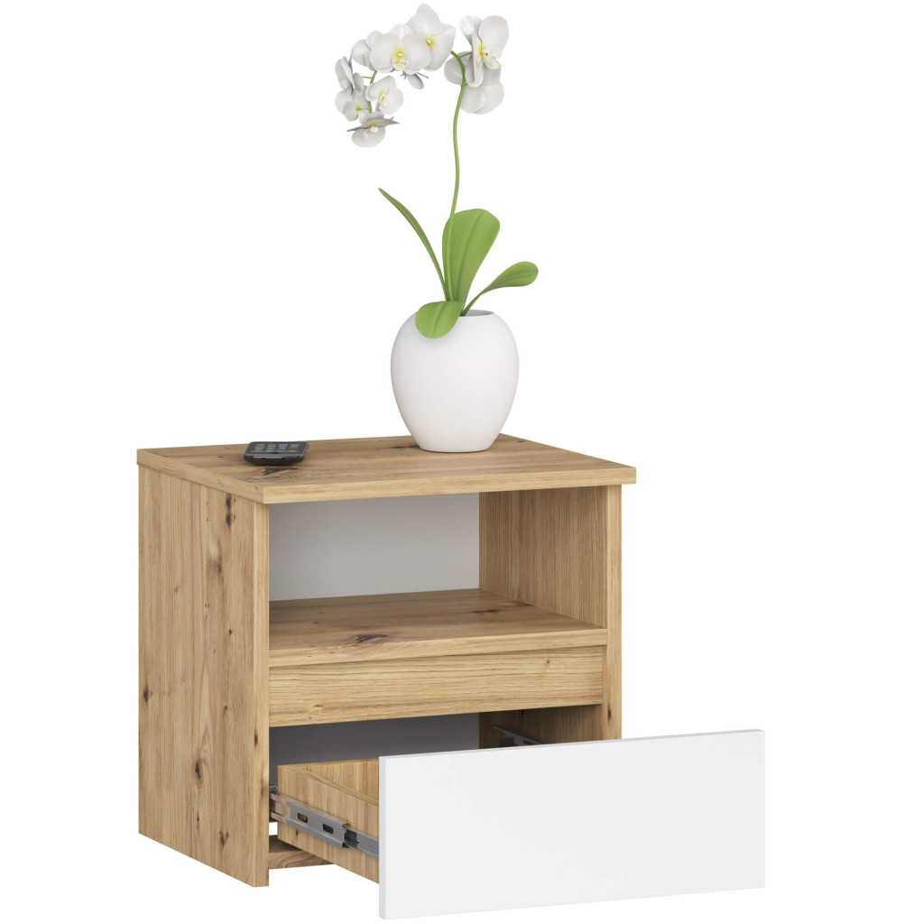 1 fiókos éjjeliszekrény, 16 mm-es laminált forgácslap, 40x35x40 cm, kézműves tölgy és fehér - Image 2