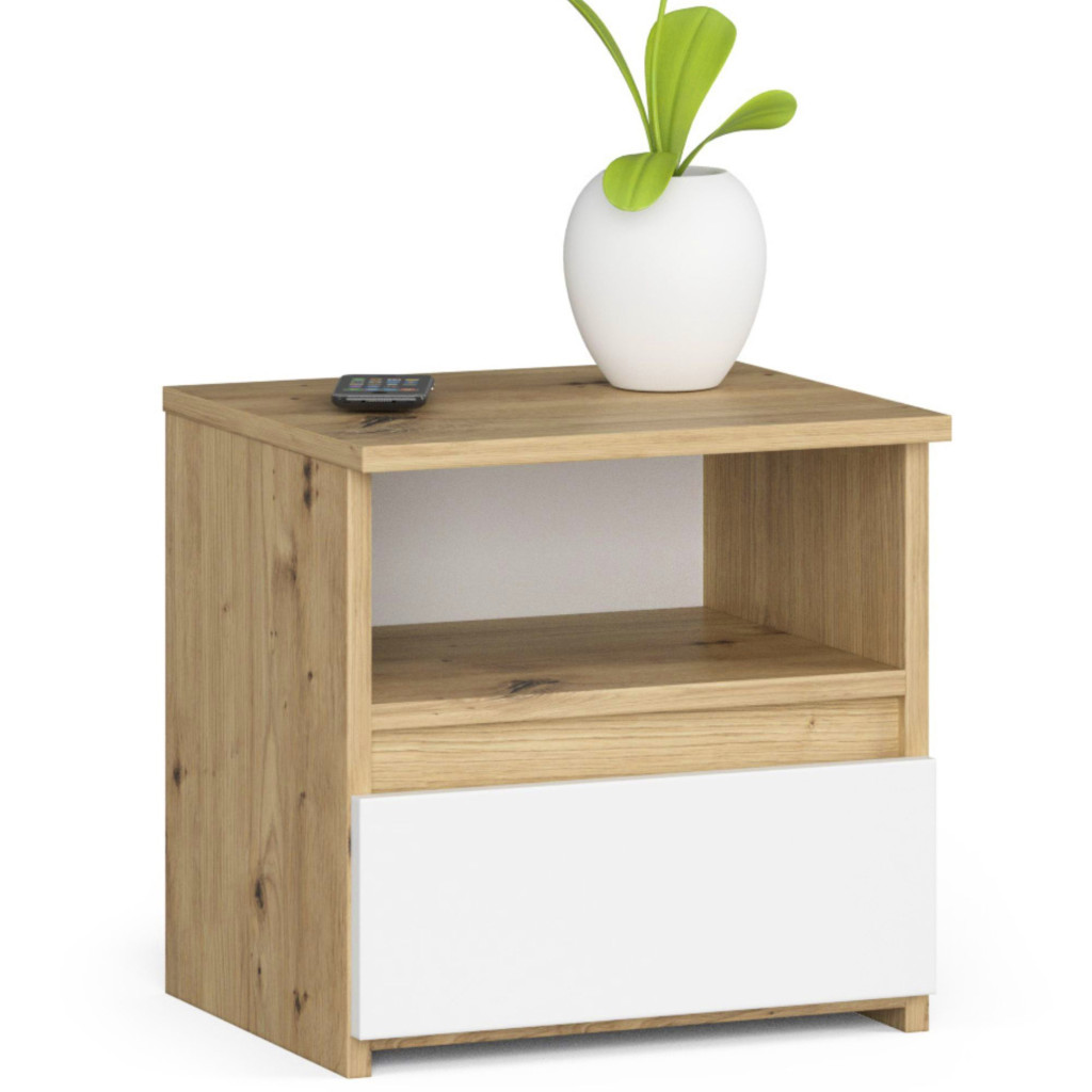 1 fiókos éjjeliszekrény, 16 mm-es laminált forgácslap, 40x35x40 cm, kézműves tölgy és fehér