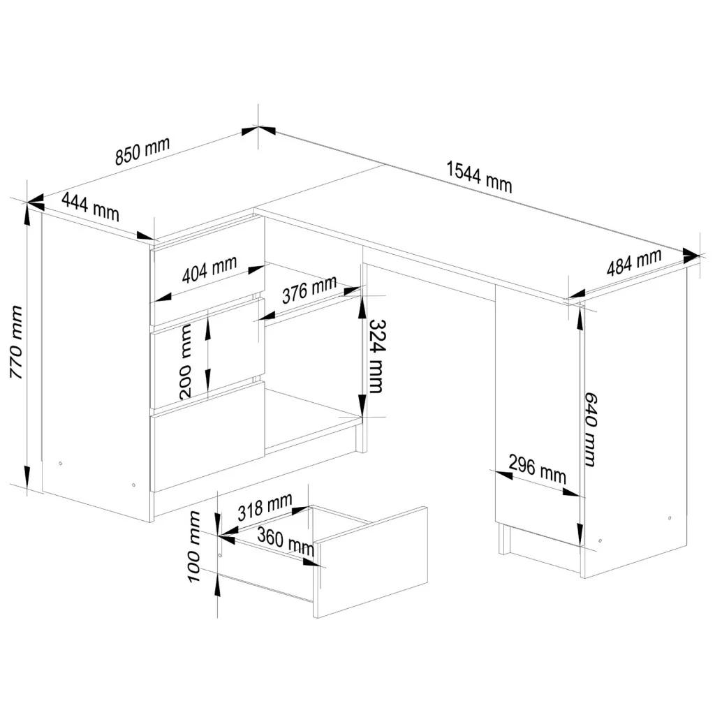 Balos L alakú sarok íróasztal 3 fiókkal és polcokkal, 16 mm laminált forgácslap, 155x85x77 cm, artisan tölgy - Image 3