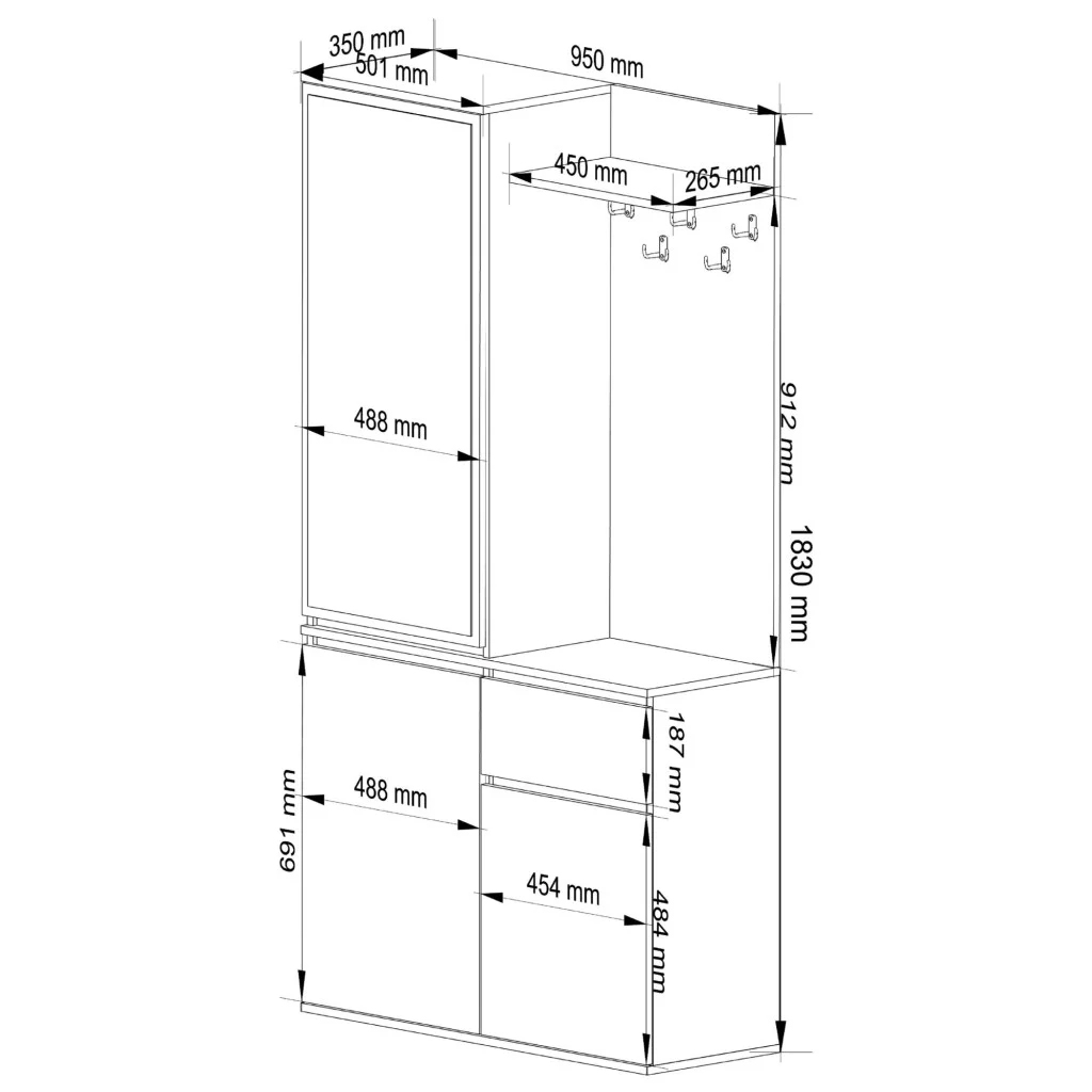Entro előszoba szett tükörrel, fogassal és tárolórekeszekkel, 16 mm laminált forgácslap, 95x35x183 cm, sonoma tölgy - Image 2