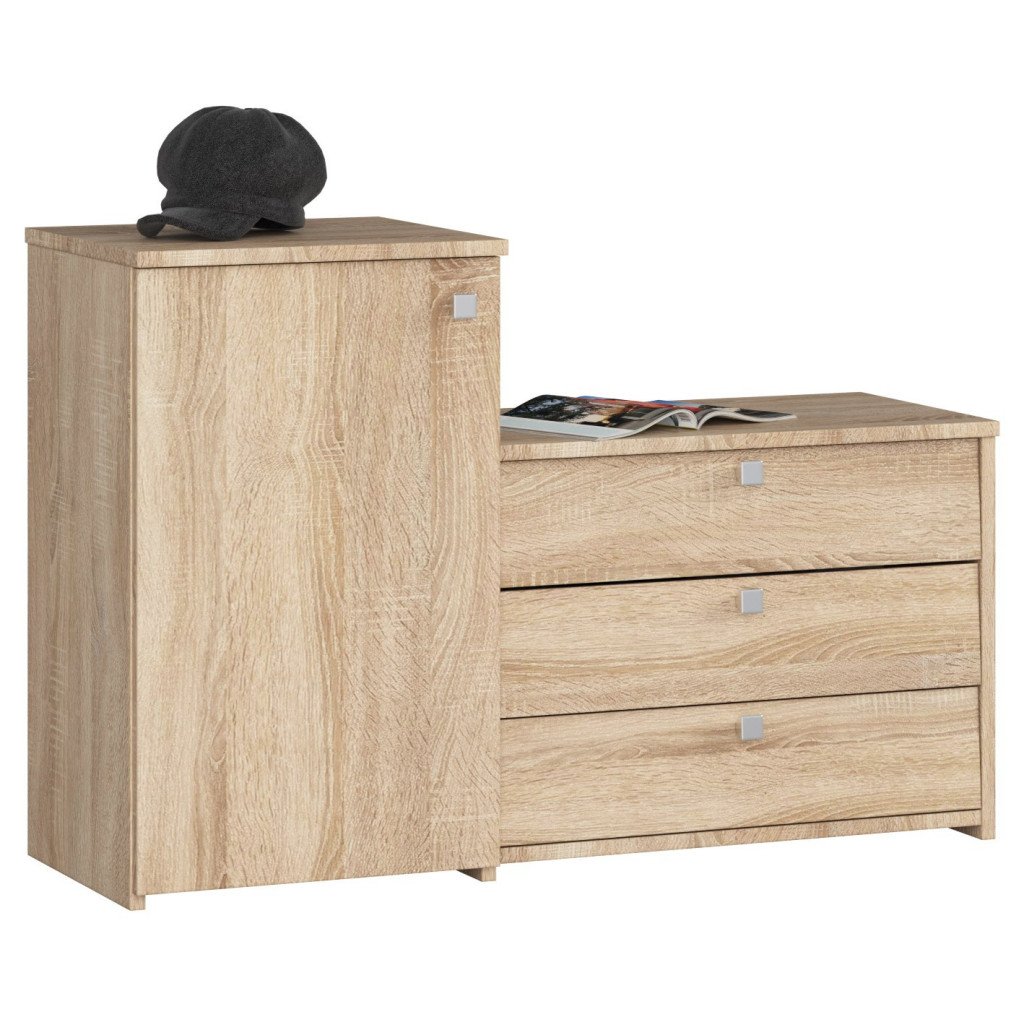 S16 cipősszekrény komóddal, 3 billenő tárolószinttel, 16 mm laminált forgácslapból, 98x33x67 cm, sonoma tölgy
