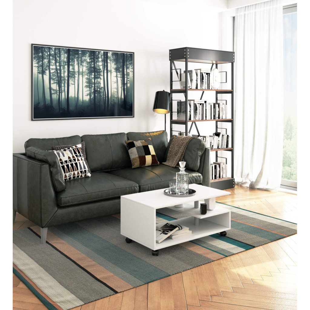 Vini kerekes dohányzóasztal, alsó polccal és laminált forgácslap asztallappal, 90x51x40 cm, fehér - Image 4