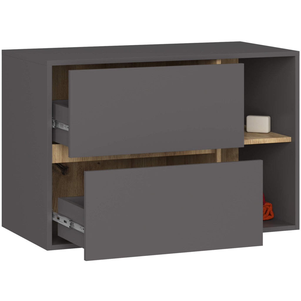 Függesztett fürdőszoba-polc, 2 fiókkal, 16 mm-es forgácslap, 90x46x60 cm, szürke és kézműves tölgy - Image 2