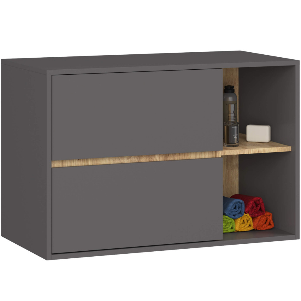 Függesztett fürdőszoba-polc, 2 fiókkal, 16 mm-es forgácslap, 90x46x60 cm, szürke és kézműves tölgy