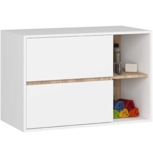Függesztett fürdőszoba-polc, 2 fiókkal, 16 mm-es forgácslap, 90x46x60 cm, fehér és sonoma tölgy