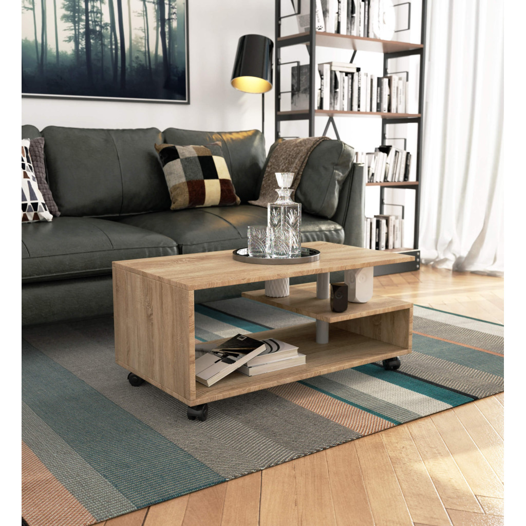 Vini kerekes dohányzóasztal, alsó polccal és laminált forgácslap asztallappal, 90x51x40 cm, sonoma tölgy - Image 5