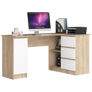Jobbos L alakú sarok íróasztal 3 fiókkal és polcokkal, 16 mm laminált forgácslap, 155x85x77 cm, sonoma tölgy és fehér