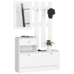 Előszobabútor szett cipősszekrénnyel, tükörrel, fiókkal és fém fogassal, laminált forgácslap, 90x25x170 cm, fehér