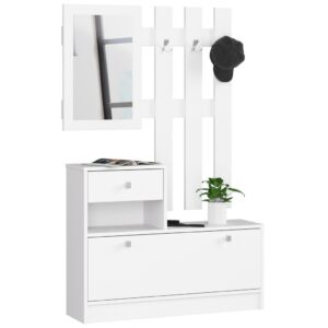 Előszobabútor szett cipősszekrénnyel, tükörrel, fiókkal és fém fogassal, laminált forgácslap, 90x25x170 cm, fehér