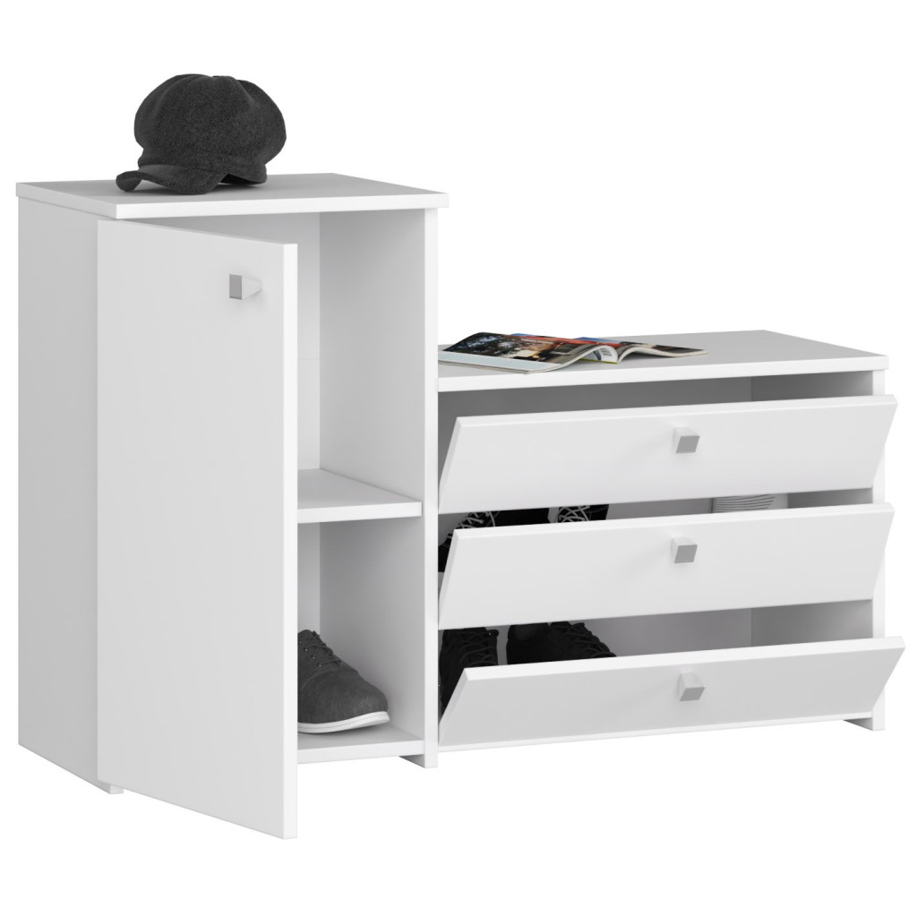 Cipőszekrény S16 fiókos komóddal, 3 összecsukható szint, PAL laminált 16 mm, 98x33x67 cm, fehér - Image 2