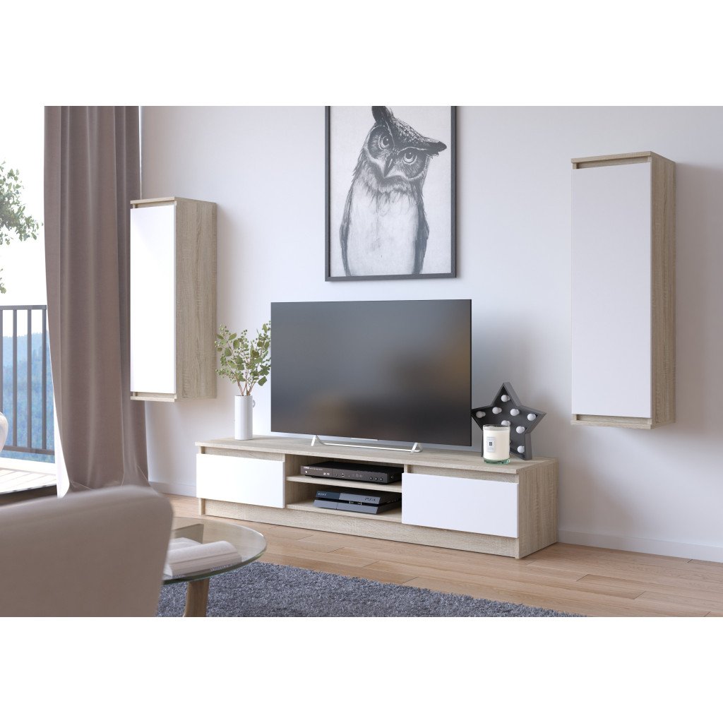 TV-szekrény 2 ajtóval és középső polcokkal, PAL laminált, 160x40x33 cm, sonoma tölgy és fehér - Image 5