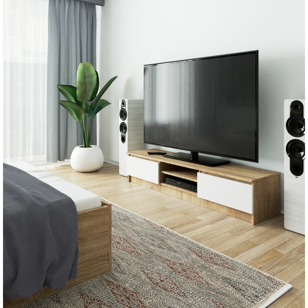 TV-szekrény 2 ajtóval és középső polcokkal, PAL laminált, 160x40x33 cm, sonoma tölgy és fehér - Image 6