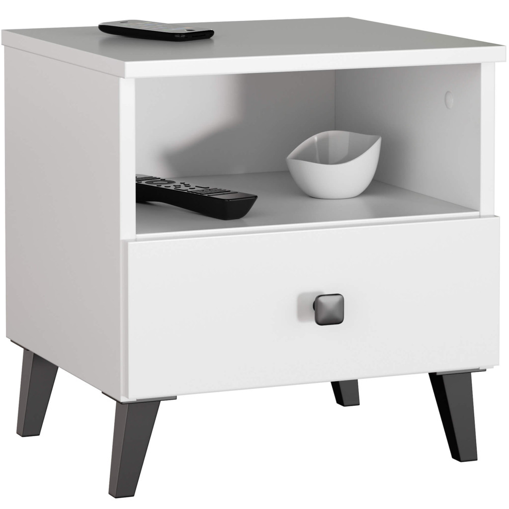 MOBI K01 fiókos és nyitott polcos komód, laminált PAL 16 mm, 40x37x43 cm, fekete és fehér