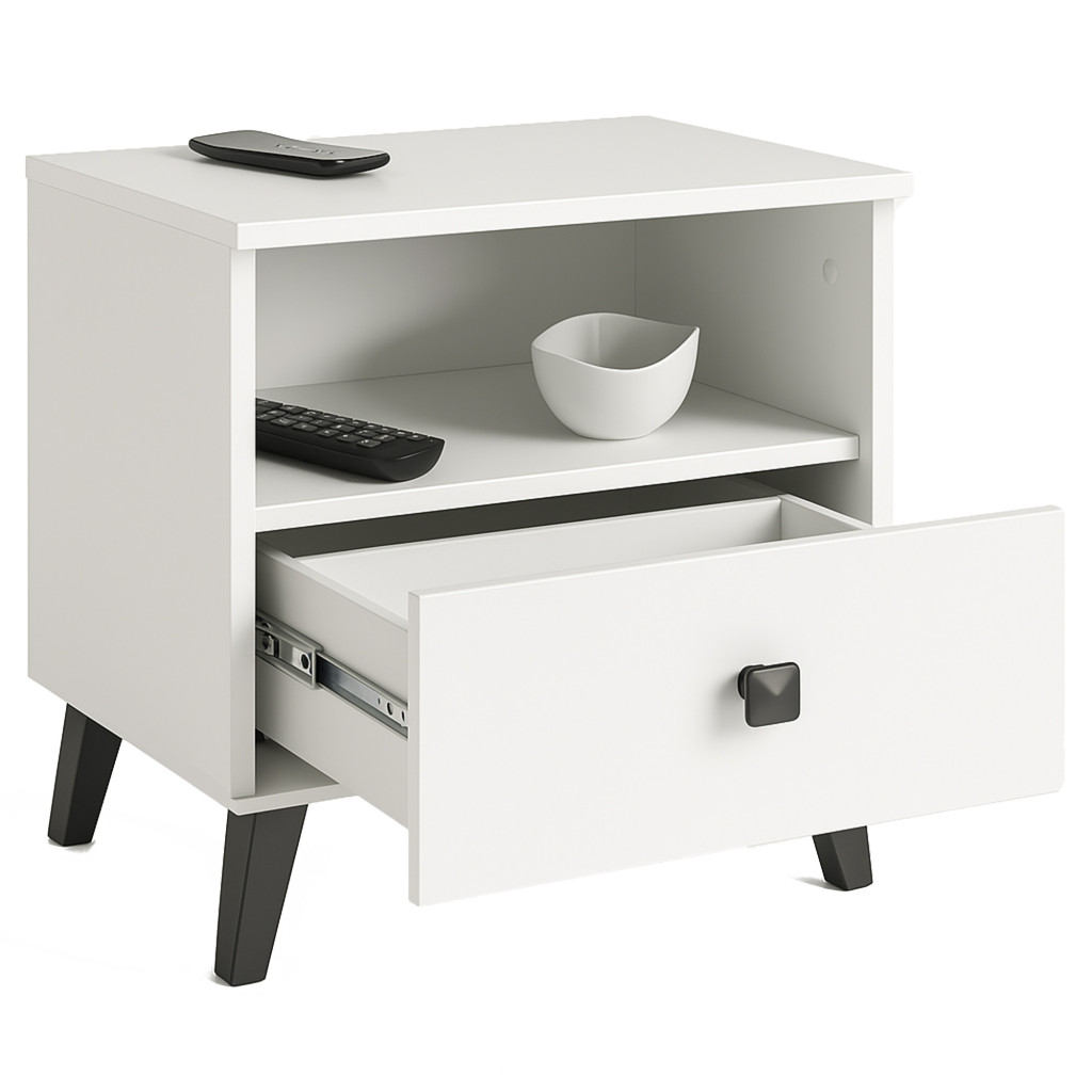 MOBI K01 fiókos és nyitott polcos komód, laminált PAL 16 mm, 40x37x43 cm, fekete és fehér - Image 6