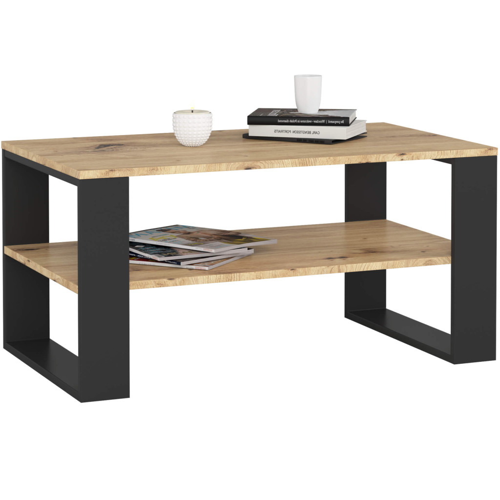 ALEX dohányzóasztal alsó polccal, laminált forgácslap, 92x53x45 cm, kézműves tölgy és fekete
