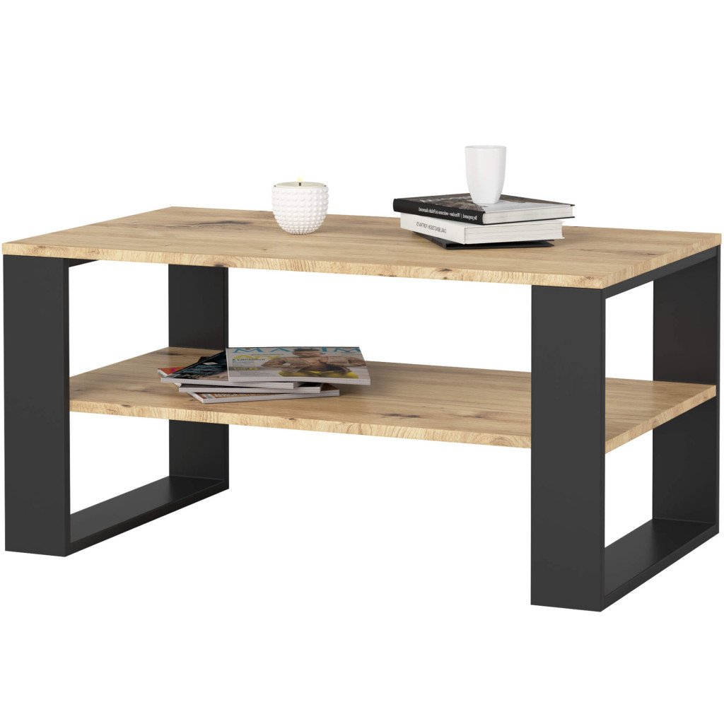 ALEX dohányzóasztal alsó polccal, laminált forgácslap, 92x53x45 cm, kézműves tölgy és fekete - Image 2