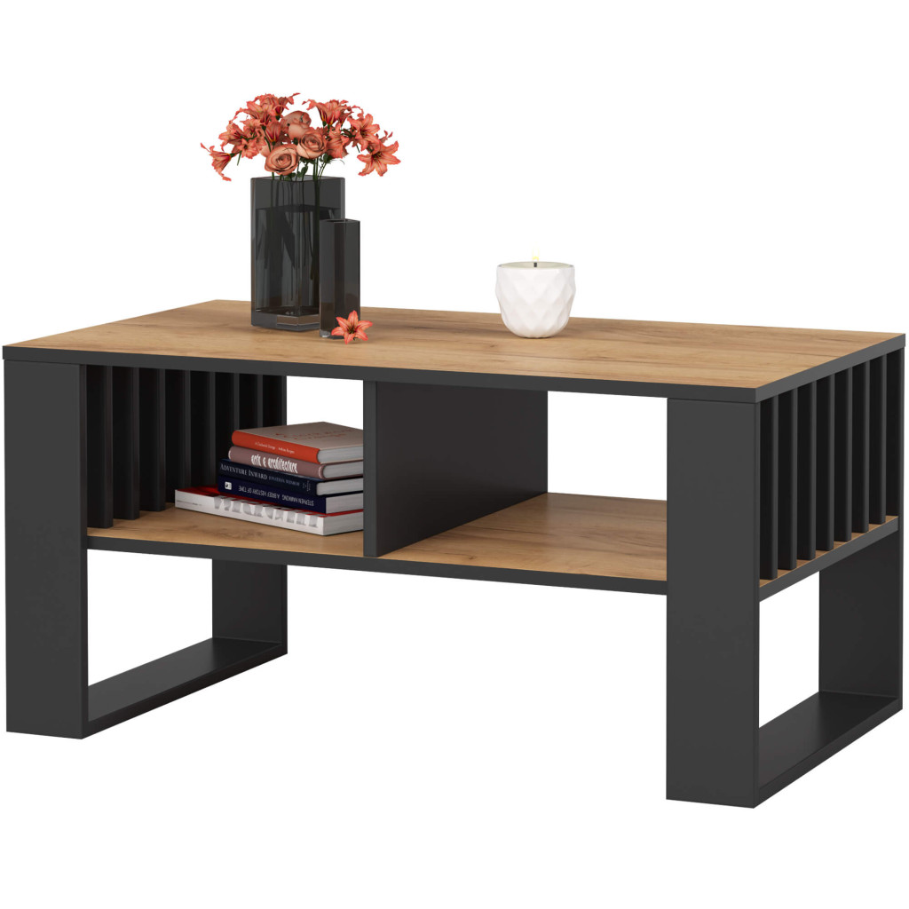 ROCKFORD dohányzóasztal laminált forgácslap asztallappal, 92x53x45 cm, craft tölgy és fekete - Image 2