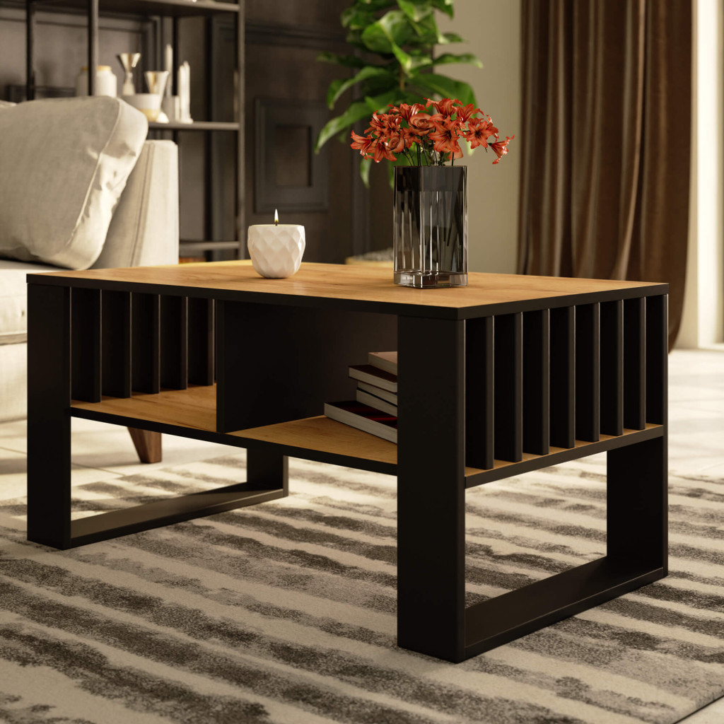 ROCKFORD dohányzóasztal laminált forgácslap asztallappal, 92x53x45 cm, craft tölgy és fekete - Image 5