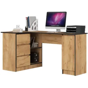 Balos L alakú sarok íróasztal 3 fiókkal és polcokkal, 16 mm laminált forgácslap, 155x85x77 cm, craft tölgy