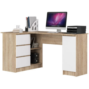 Balos L alakú sarok íróasztal 3 fiókkal és polcokkal, 16 mm laminált forgácslap, 155x85x77 cm, sonoma tölgy és fehér
