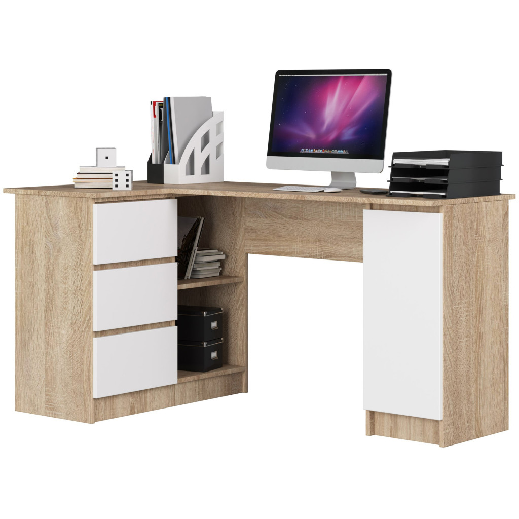 Balos L alakú sarok íróasztal 3 fiókkal és polcokkal, 16 mm laminált forgácslap, 155x85x77 cm, sonoma tölgy és fehér