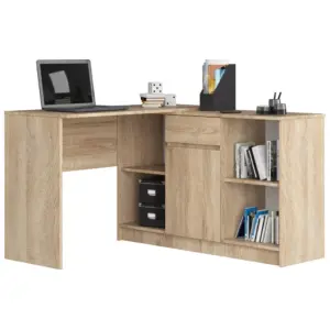Sarok íróasztal fiókkal, ajtóval és 6 polccal, 16 mm laminált forgácslap, 120x126x79 cm, sonoma tölgy
