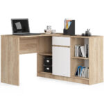 Sarok íróasztal fiókkal, ajtóval és 6 polccal, 16 mm laminált forgácslap, 120x126x79 cm, sonoma tölgy és fehér