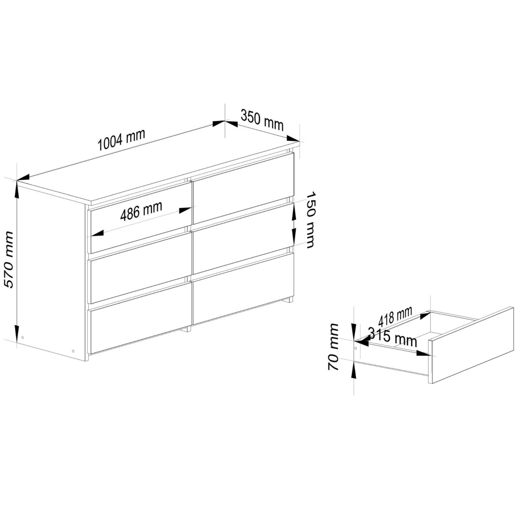 Komód 6 fiókkal, laminált forgácslap, 100x35x57 cm, szürke - Image 3