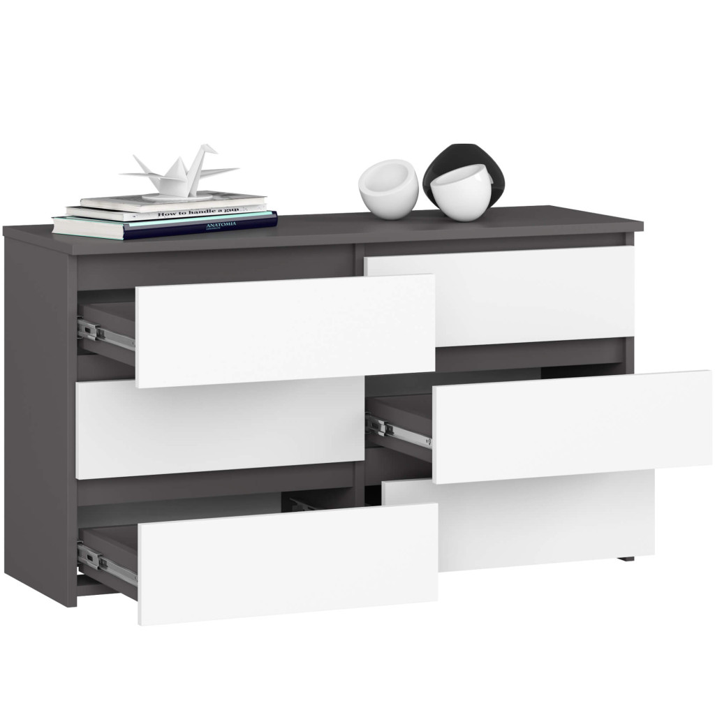 Komód 6 fiókkal, laminált forgácslap, 100x35x57 cm, szürke és fehér - Image 2