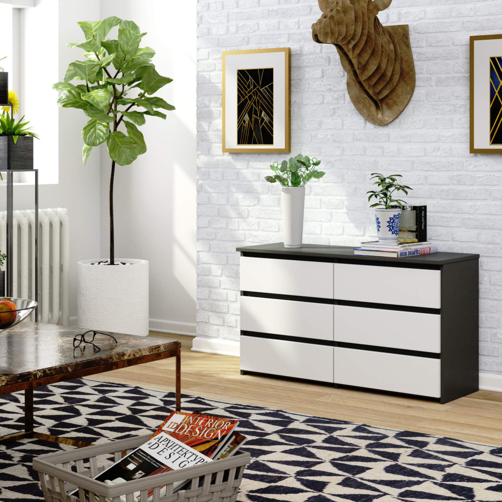 Komód 6 fiókkal, laminált forgácslap, 100x35x57 cm, szürke és fehér - Image 5