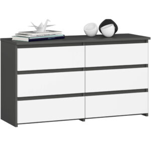 Komód 6 fiókkal, laminált forgácslap, 100x35x57 cm, szürke és fehér