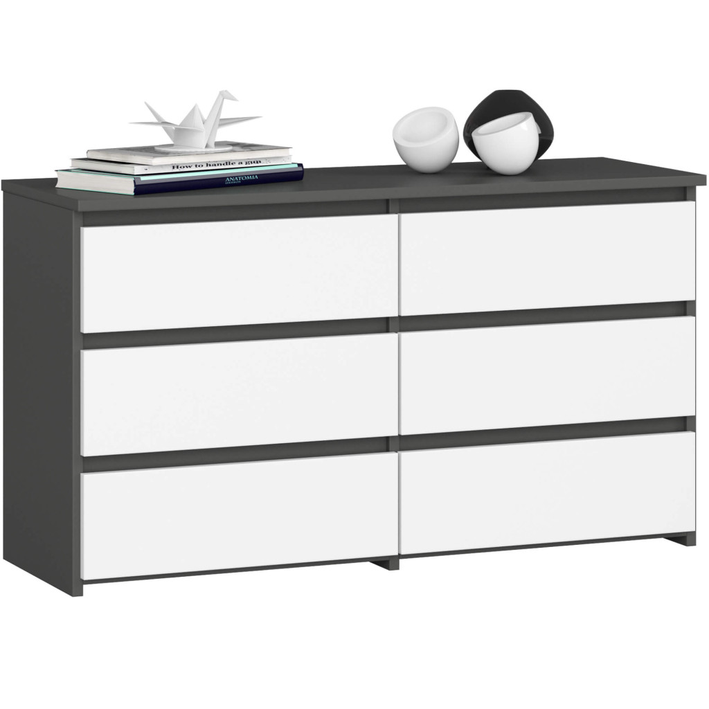 Komód 6 fiókkal, laminált forgácslap, 100x35x57 cm, szürke és fehér